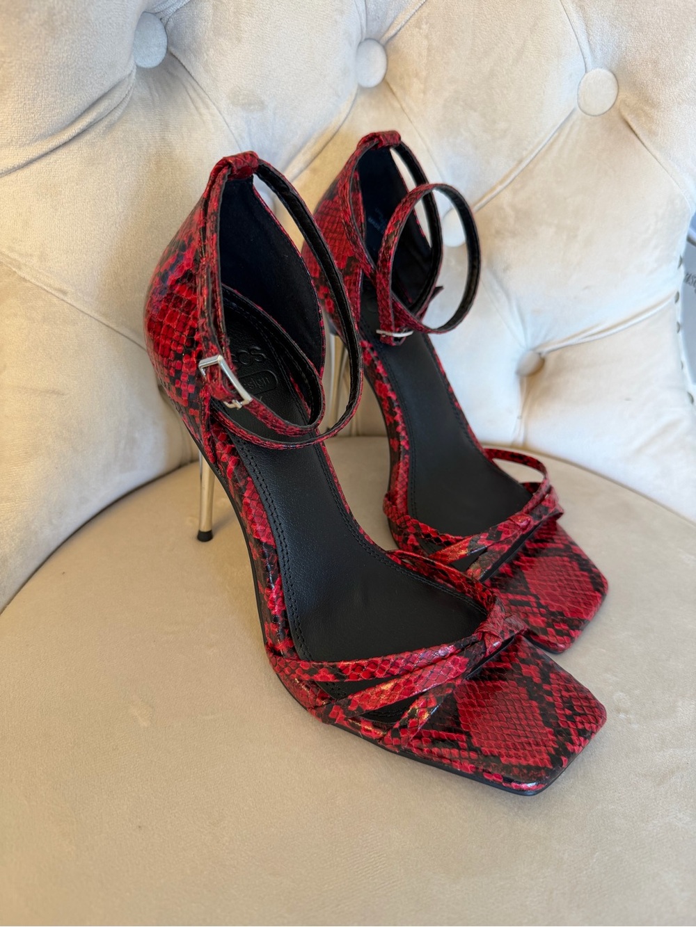 ASOS Red Snakeskin Ankle-Strap Stiletto metal heel heeled a sandals US 7